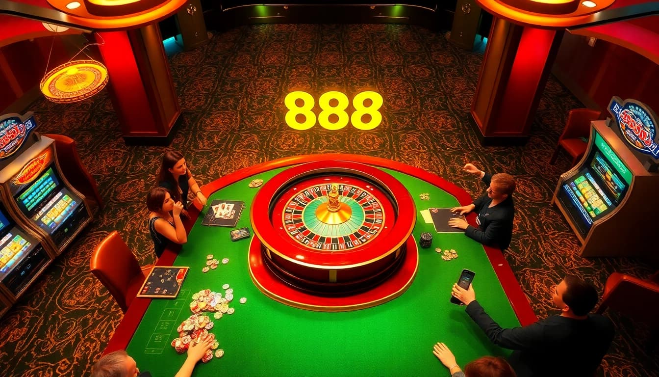 Exciting gaming action at 888new - nhà cái hàng đầu châu á featuring vibrant casino tables and players.