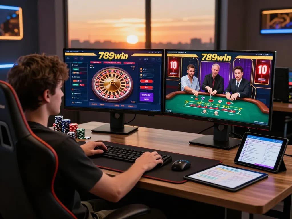 Engaging online gambling scene with user enjoying 789win surf interface on multiple screens, showcasing roulette and blackjack.