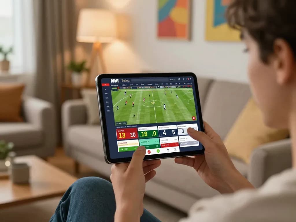Engaging online sports betting activity showcasing tỷ lệ nhà cái on mobile device, vibrant home setting, and user excitement.