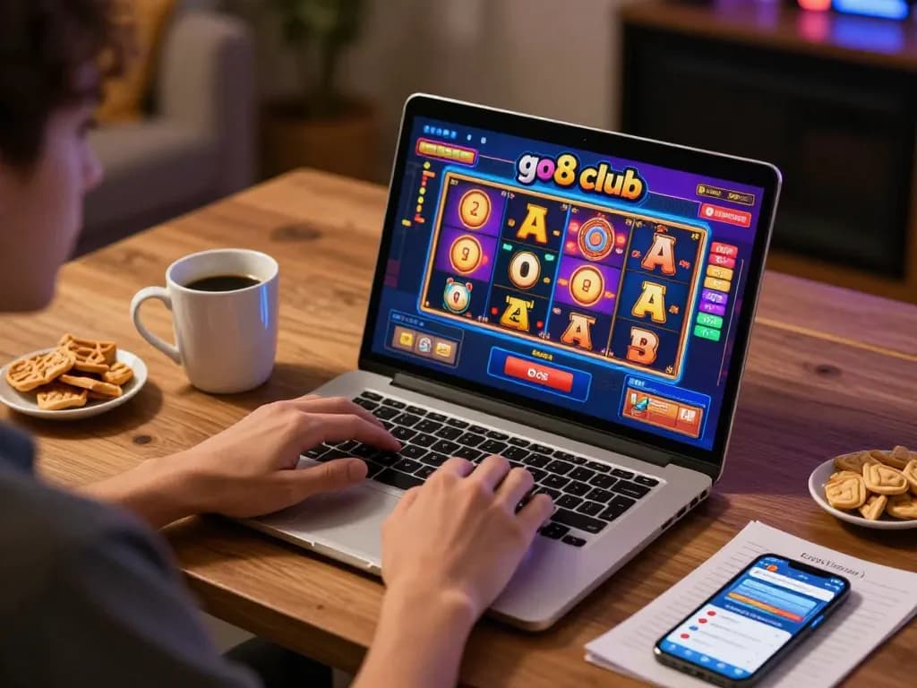 Engaging online gaming moment at the go8 club with vibrant slot displays and responsible gaming elements.