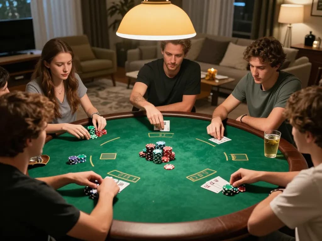 Group enjoying a home poker game with friends, showcasing fabet strategy and camaraderie.
