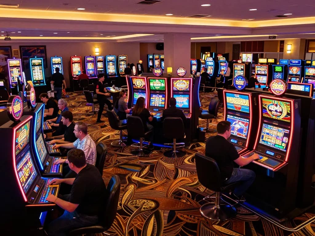 Players enjoying vibrant slot machines at 78wim casino, showcasing lively gaming atmosphere.
