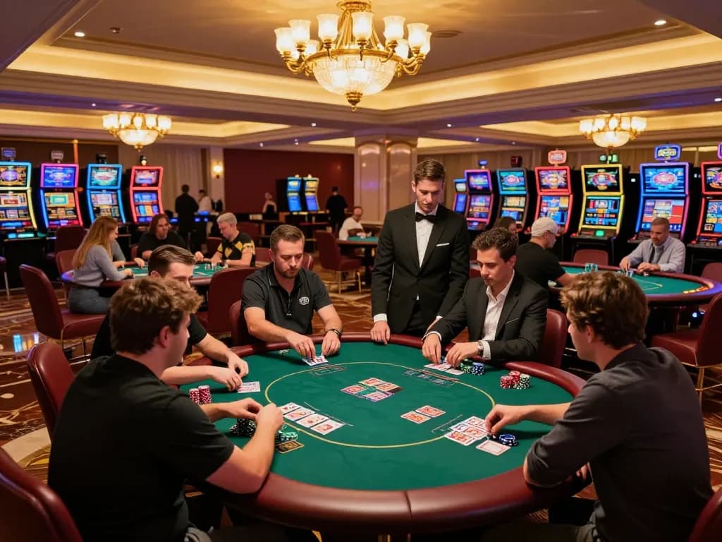 Players engage in a thrilling poker game at pub88's vibrant casino, showcasing strategic gameplay and excitement.
