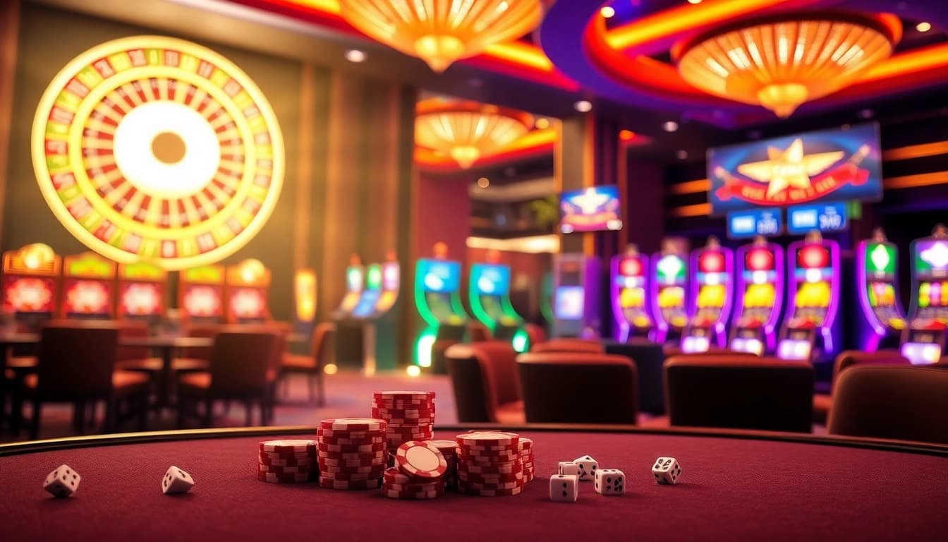 Gamble at km1888b with vibrant casino tables, poker chips, and slot machines.