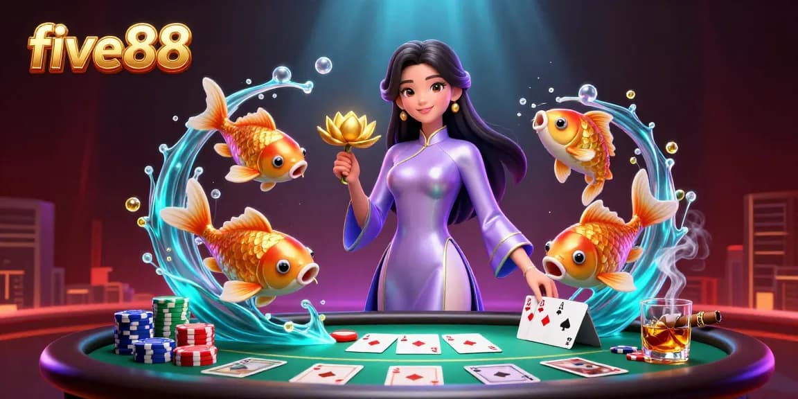 Experience five88's vibrant casino scene with an elegant Asian woman and dynamic gaming elements.