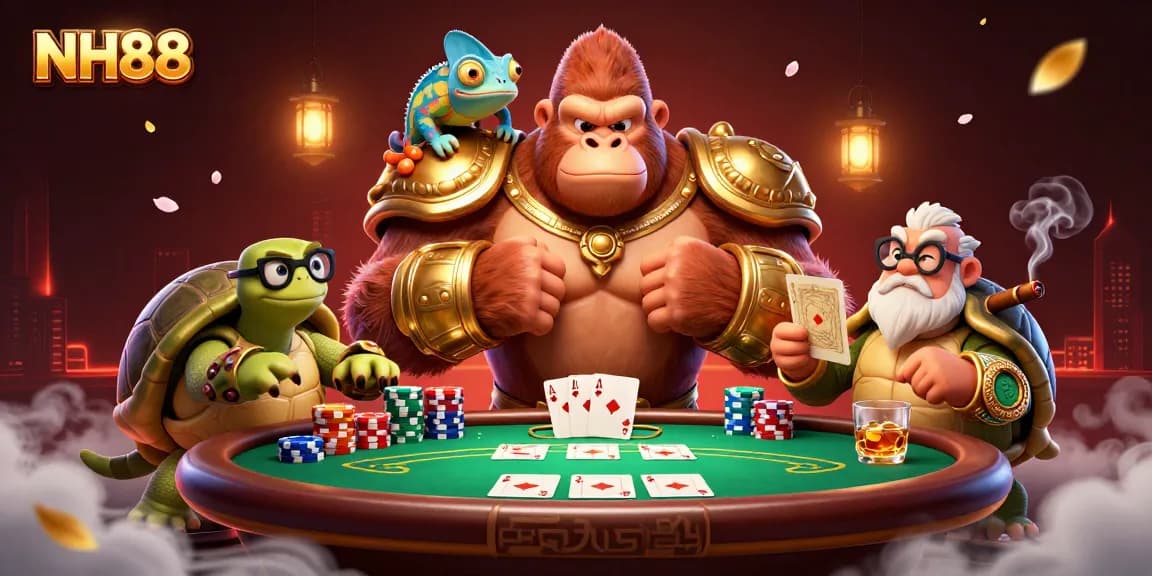Experience the excitement of NH88 with an epic casino showdown featuring a gorilla king and his companions.