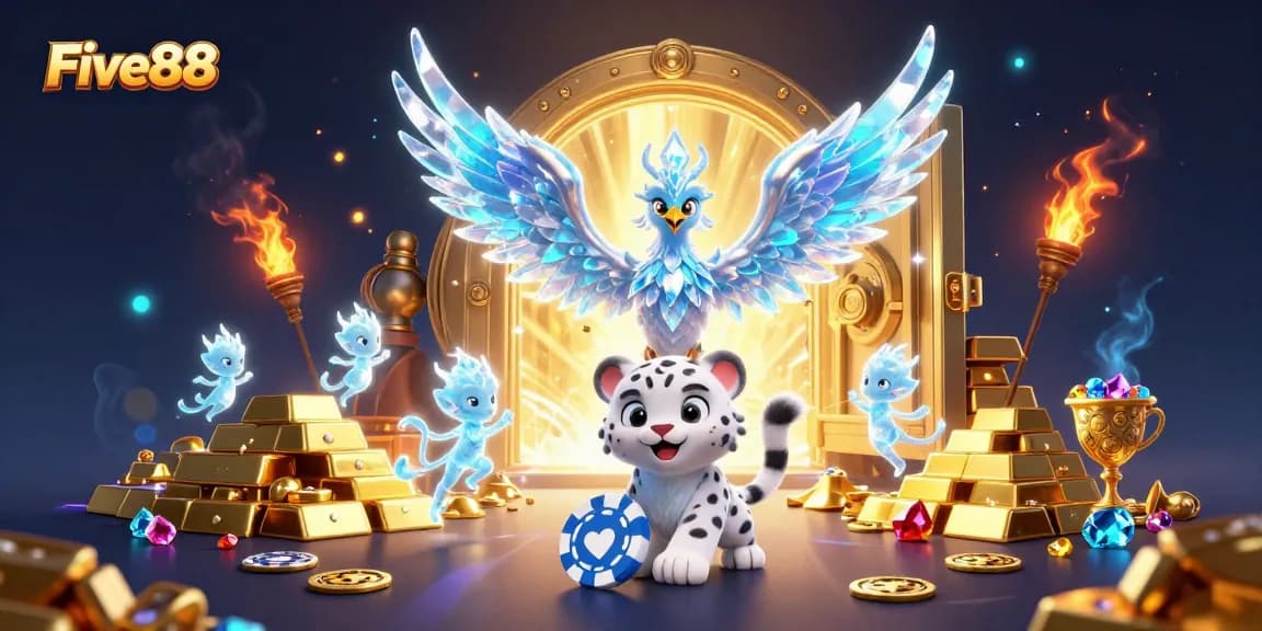 Experience Five88's thrilling gaming action featuring an ice phoenix, poker chip, and treasure galore.