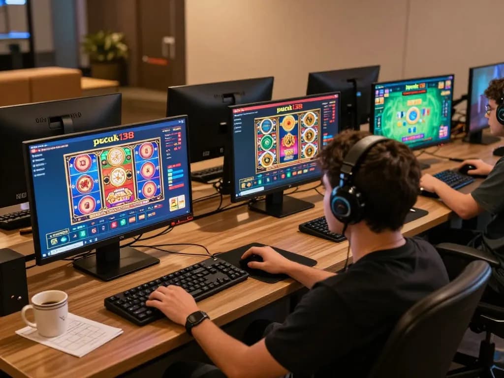 Engaged player exploring the pucuk138 online casino gaming interface on multiple screens.