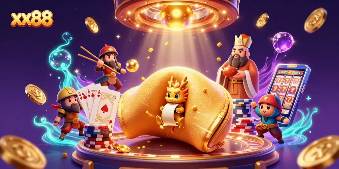 Engage in the thrilling world of xx88 as golden coins, and casino vibes surround a wise dragon and fortune cookie.