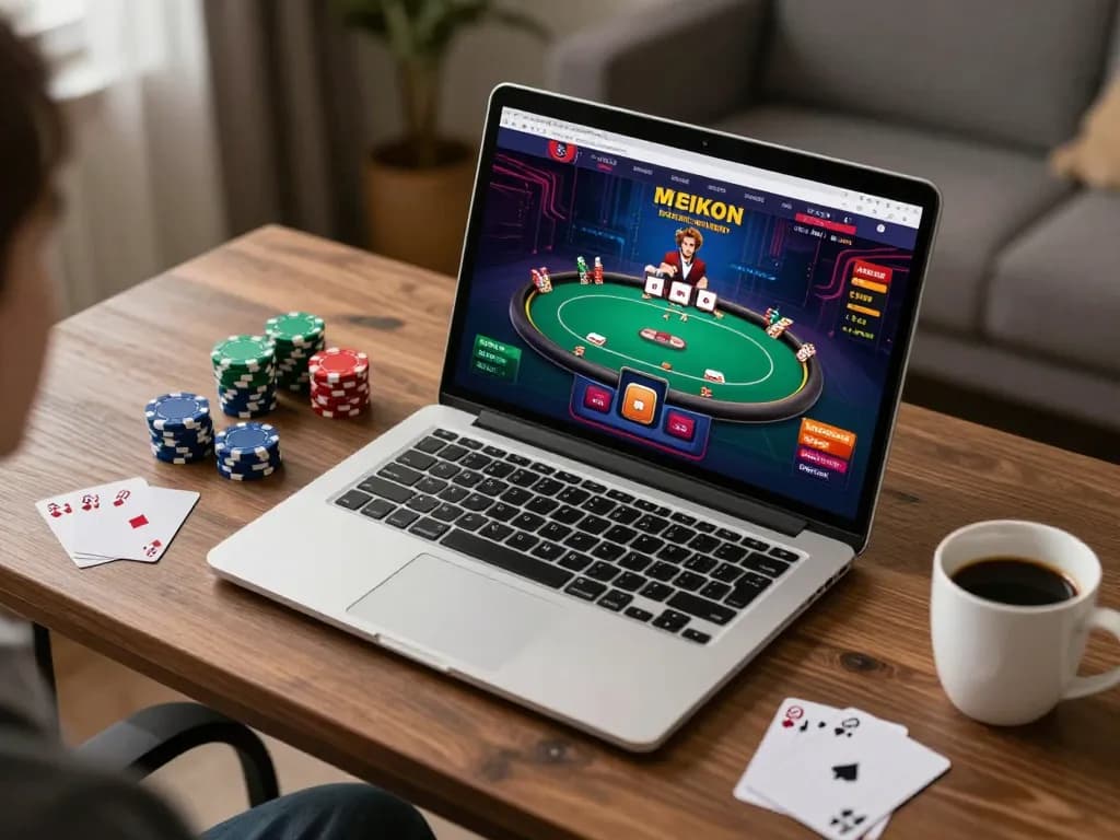 X88 trang chủ online gaming setup with vibrant poker game on laptop screen, cozy home environment.