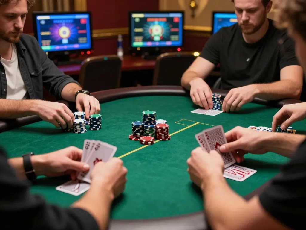 Players engaging in strategic gameplay with sunwin on a luxury online poker platform, hands holding cards.