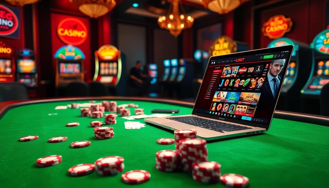 L567 online casino scene depicting a high-stakes poker table, poker chips, and an engaging gambling atmosphere.