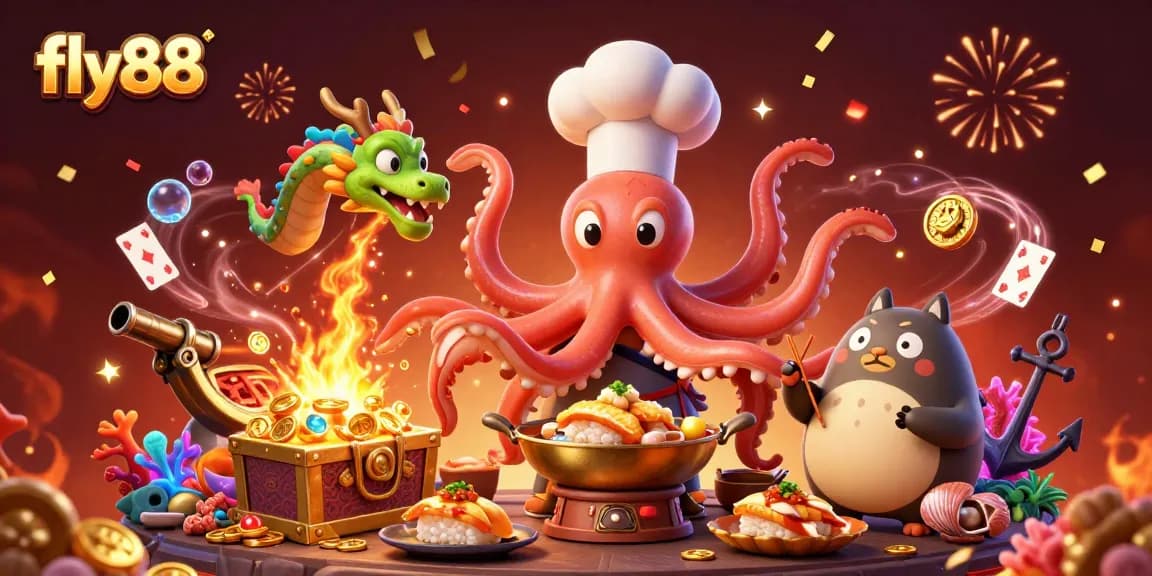 Experience the thrill of fly88 with a vibrant casino scene featuring an octopus chef and more!