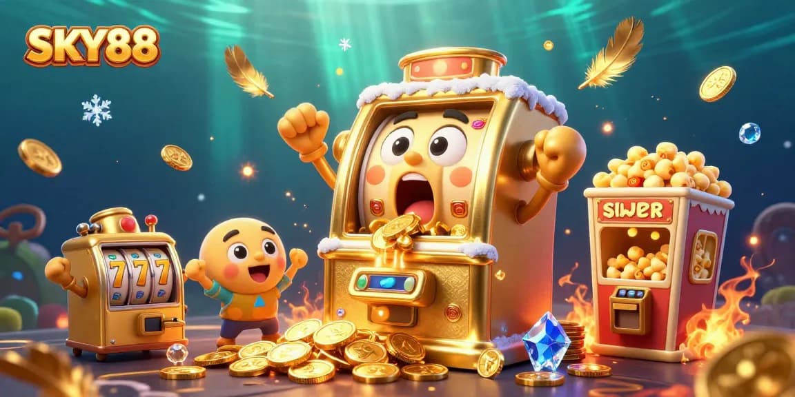 Experience the excitement of SKY88 with a dynamic illustration of a joyful golden slot machine celebrating a jackpot.