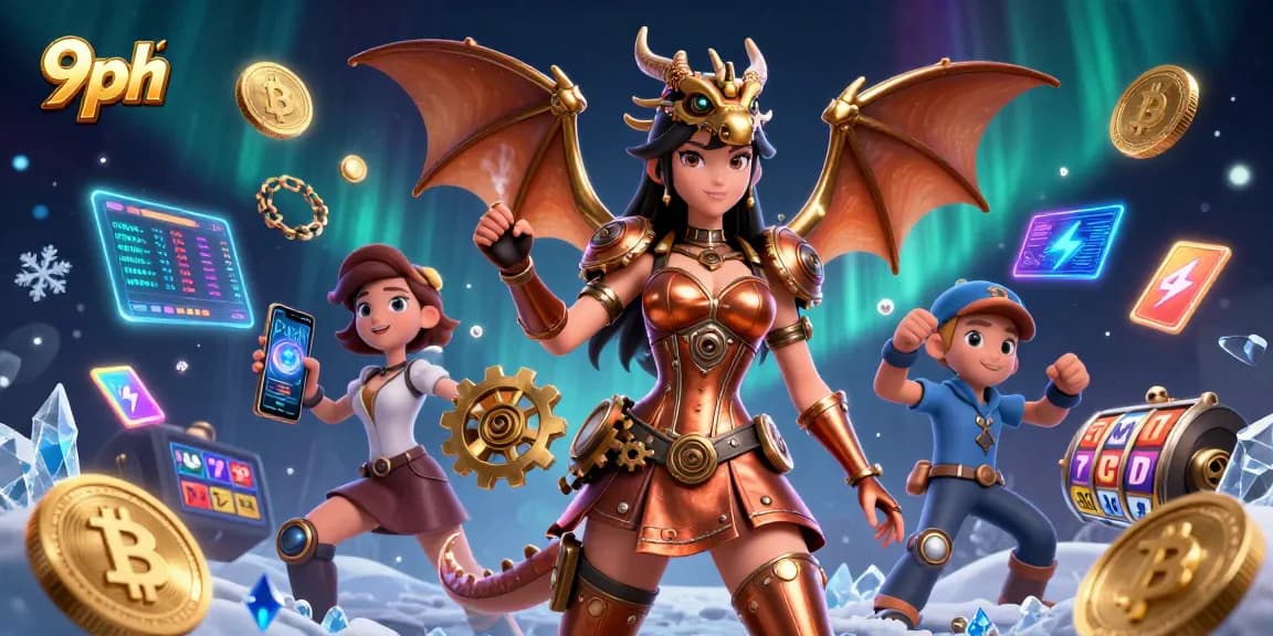 Experience the thrill of 9ph with a dazzling 3D casino scene filled with slot reels and crypto elements.