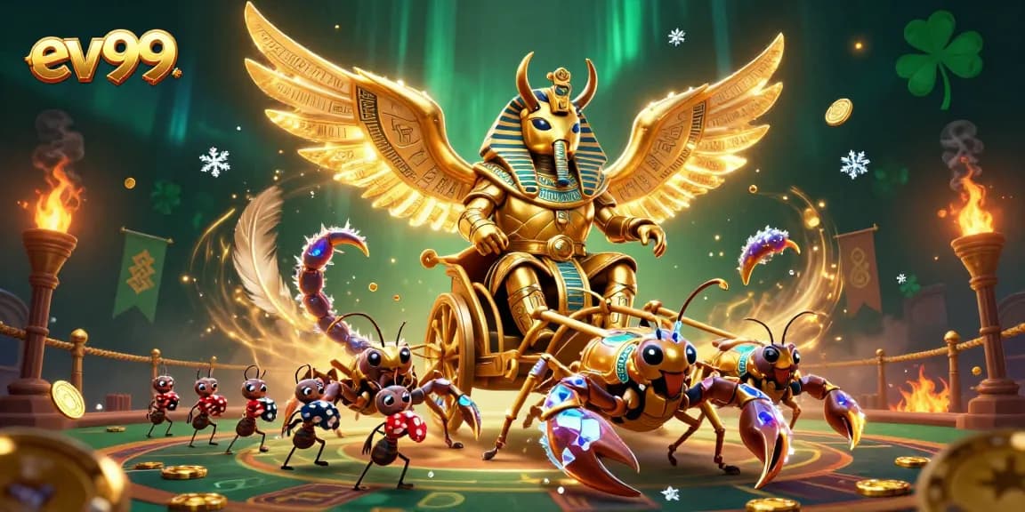 Bet big with ev99, featuring a colossal golden scarab beetle in a dynamic sports betting arena.