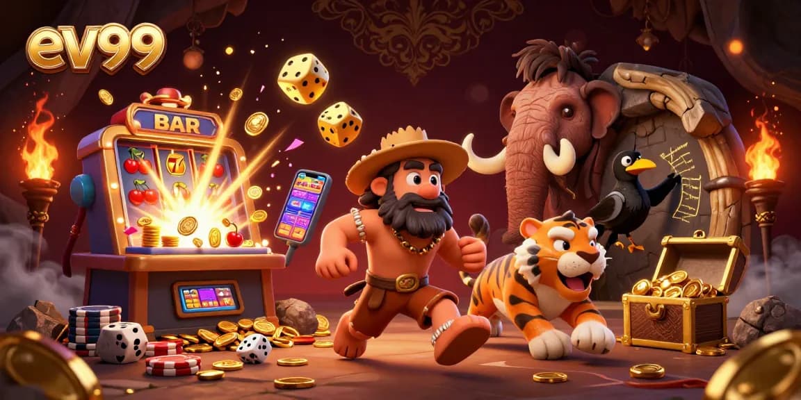 Experience the excitement of ev99 with engaging slot action in a prehistoric casino setting.