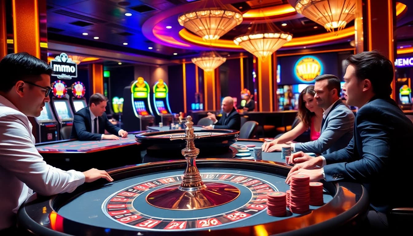 Players enjoy a thrilling game at MMOO casino, surrounded by vibrant slot machines and poker action.