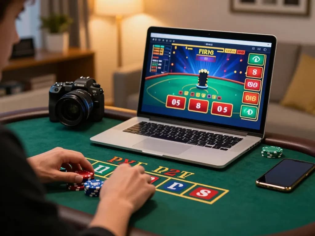 Engaging online gambling moment at home with 79 king blackjack game interface, showcasing player betting.