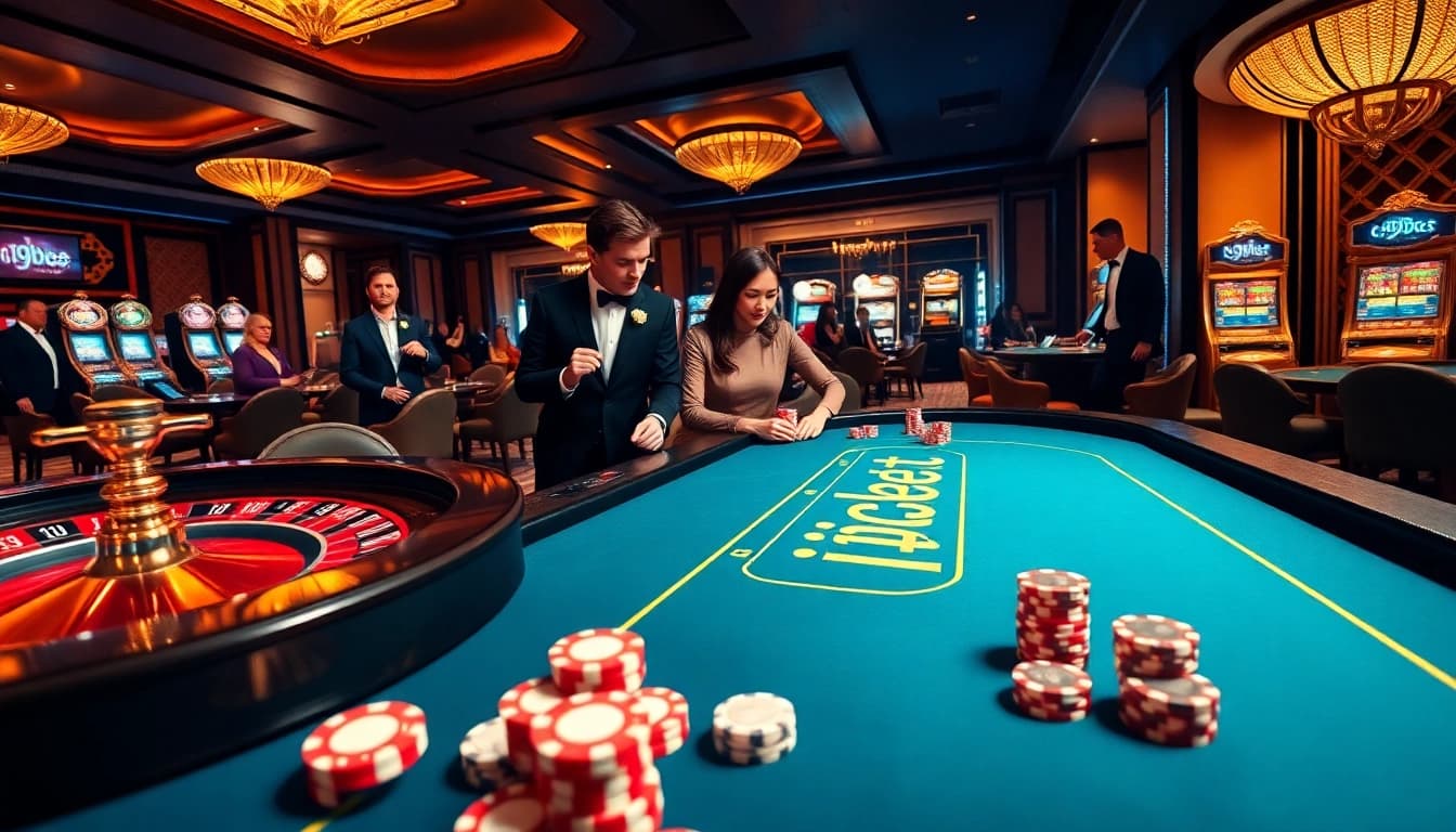 Experience i9bet excitement with players engaging at a luxurious poker table surrounded by vibrant casino elements.