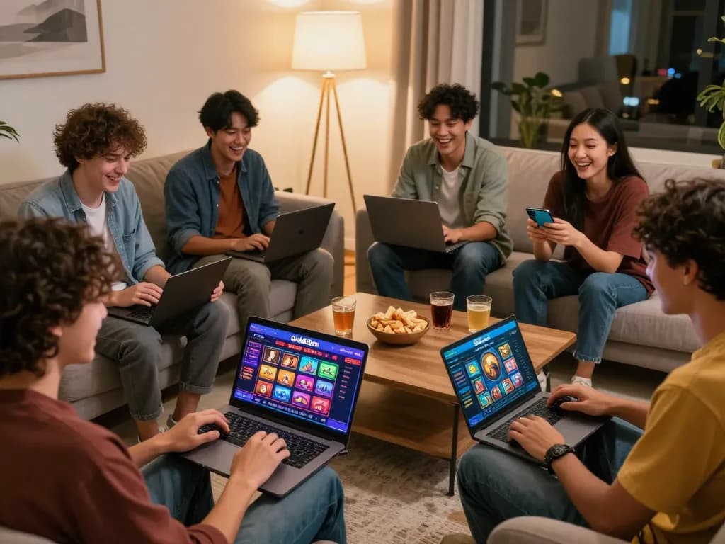 Friends engaged in online gaming on gnk88.com, showcasing a lively home atmosphere with modern gaming setups.