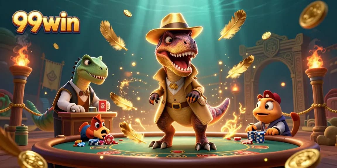 Experience thrilling moments with 99win at the blackjack table featuring unique dinosaur characters.