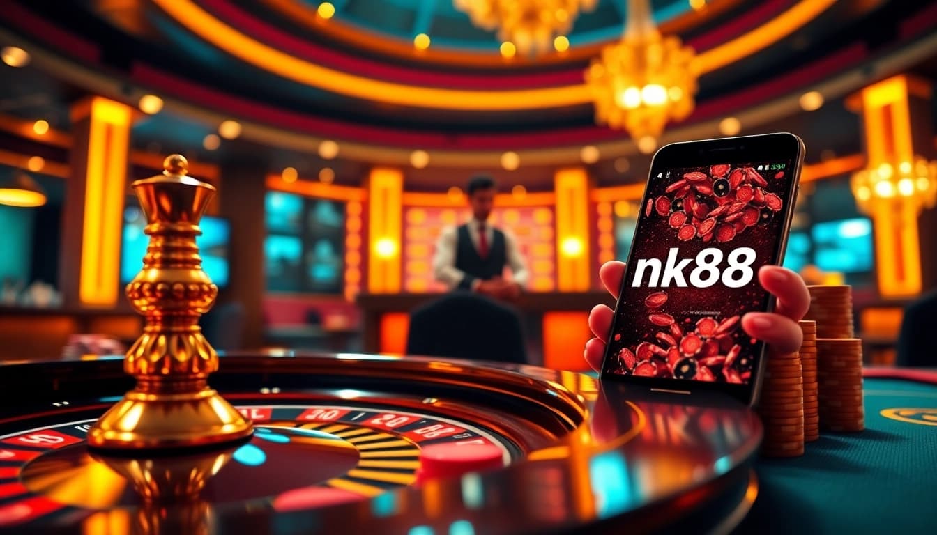 Experience live casino action with a stylish layout representing https://nk88net.com/ featuring poker and roulette.