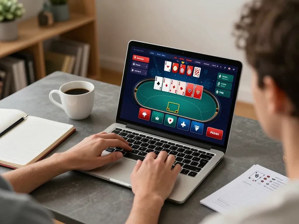 Player engaging with Bay789 poker game on a laptop, showcasing strategic gameplay and cozy home atmosphere.