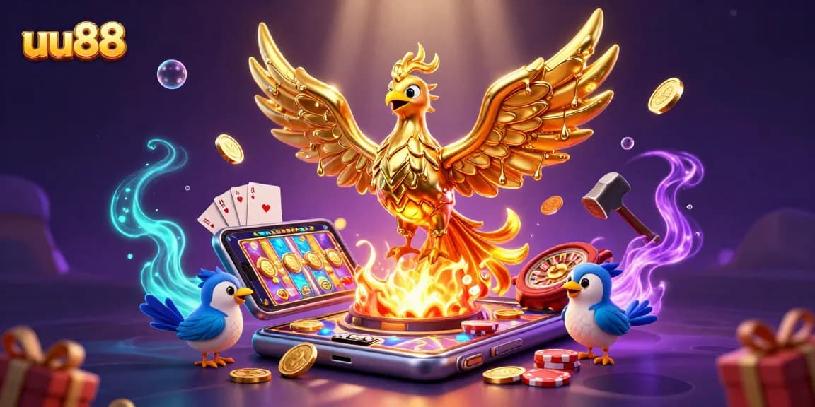 uu88 players engage with a vibrant slot game scene featuring golden phoenix and dynamic casino elements