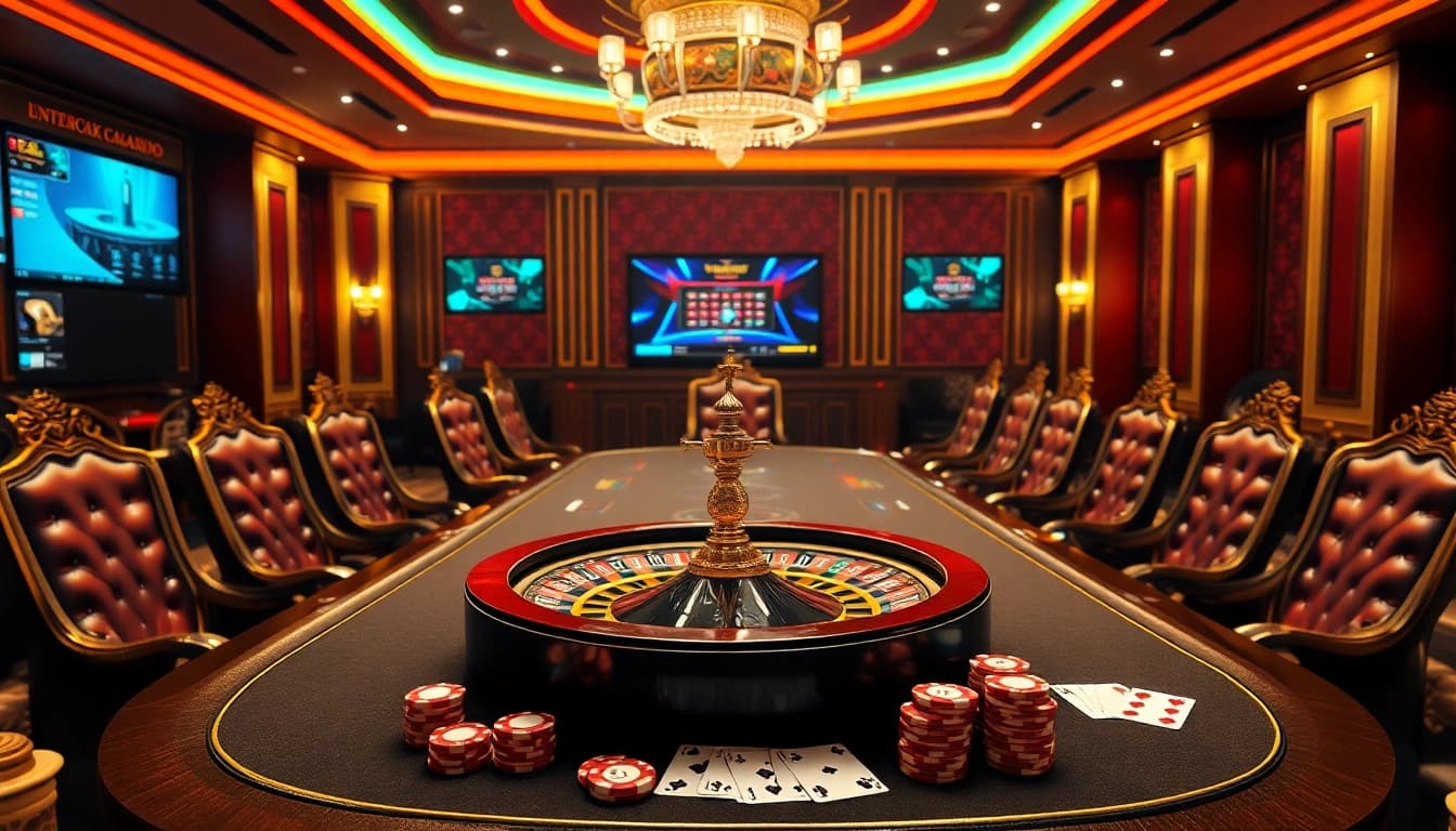 Experience the excitement of đăng ký OK8386 at a vibrant casino table featuring poker cards and roulette.