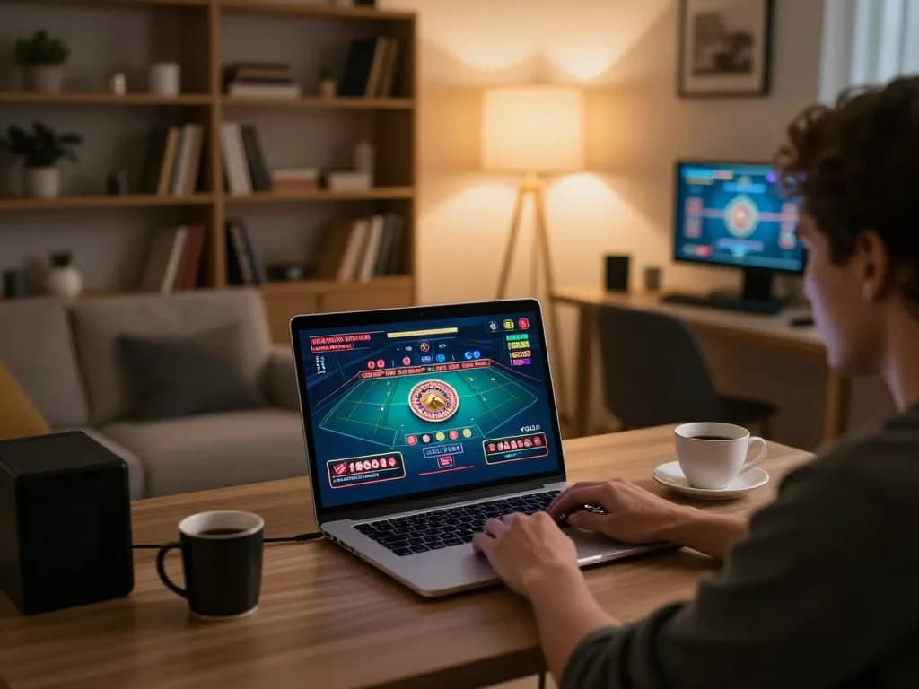 kkwin đăng nhập on laptop displaying live dealer roulette game in a cozy home gaming setup