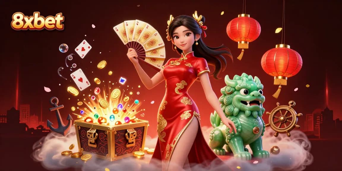 Experience thrilling wins at 8xbet with an engaging illustration of casino action and cultural elements.