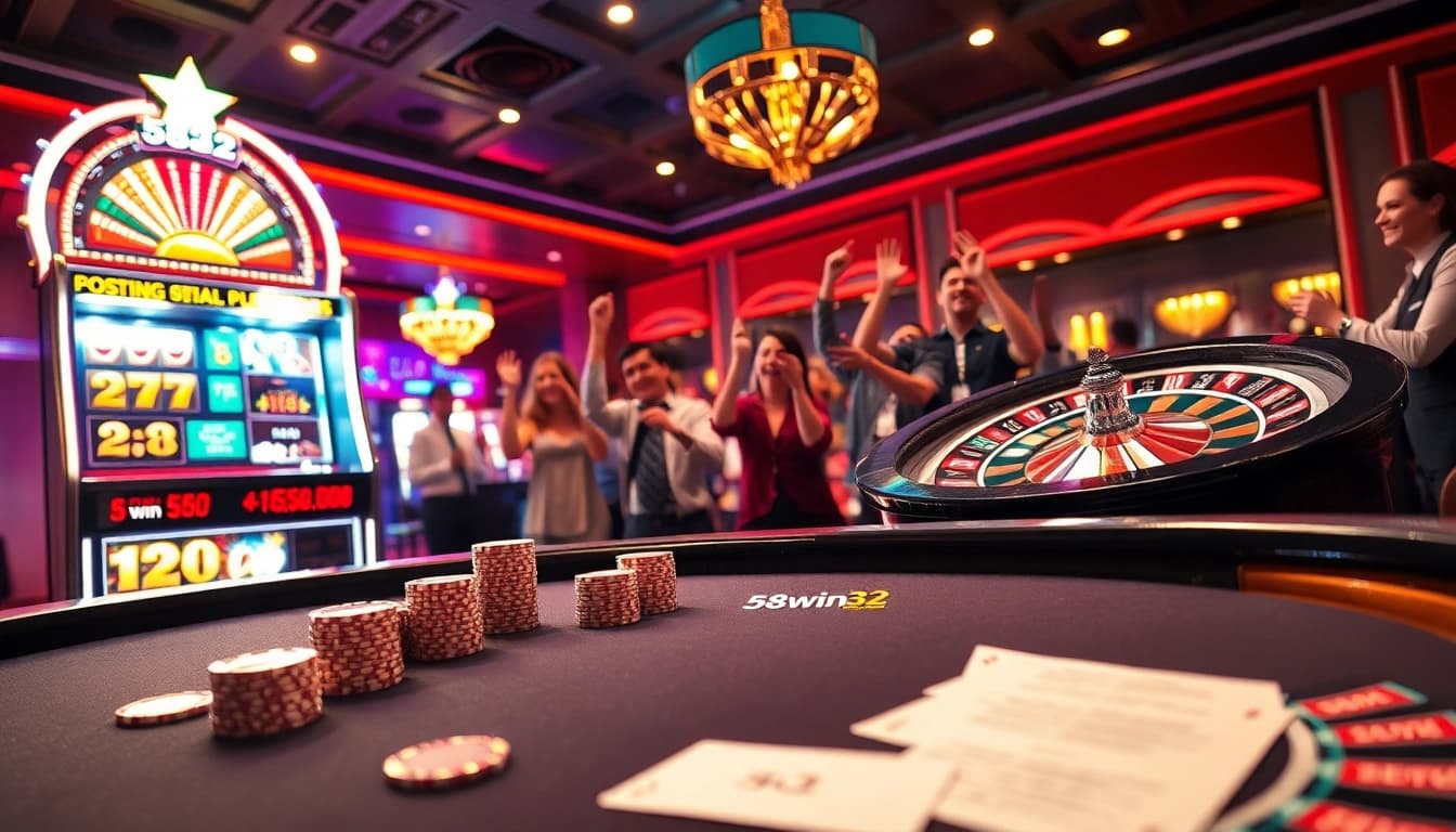A vibrant casino scene showcasing players at a poker table and a winning slot machine, capturing the essence of 58win 32 excitement.