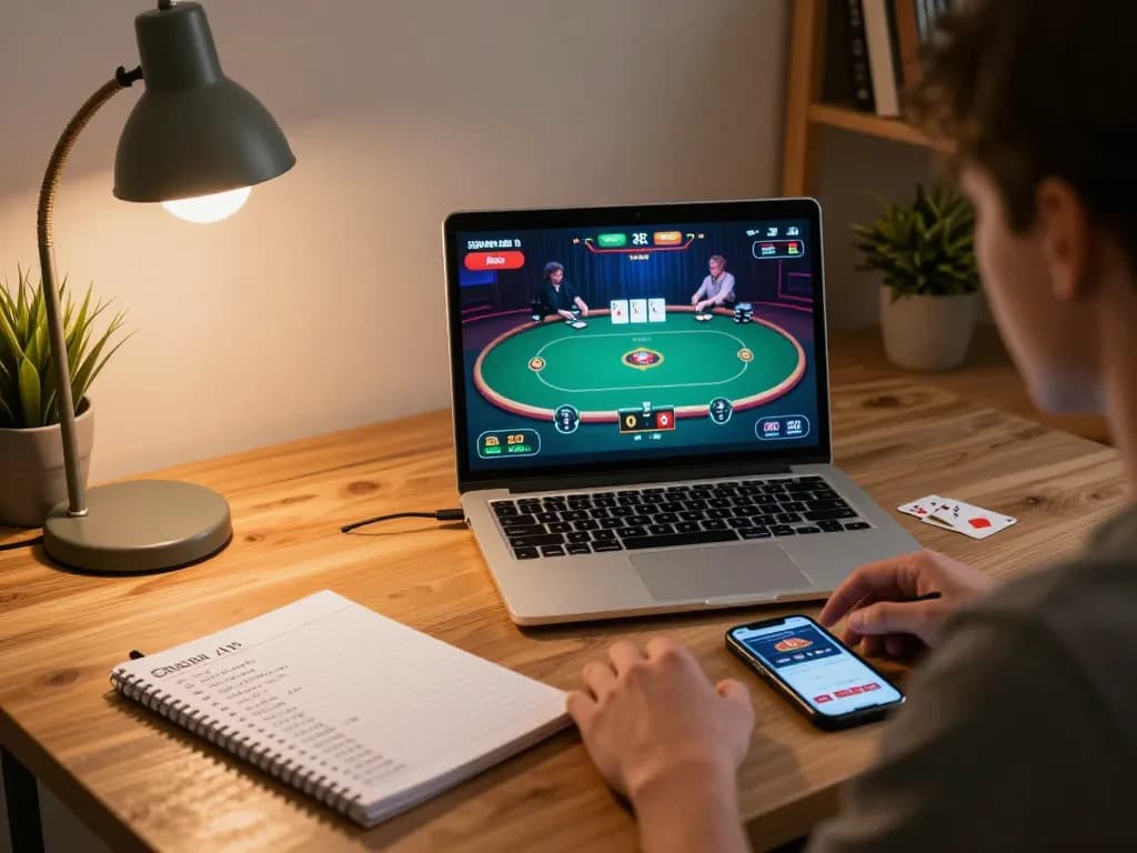 Kuwin-vn player strategizing in an online casino poker match with laptop and notes.