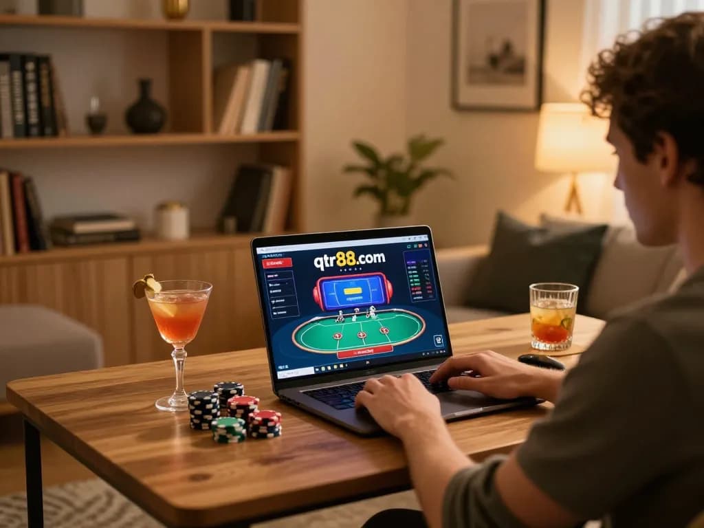 Player strategizing at qtr88.com online poker game with chips and notebook in a cozy home setup.
