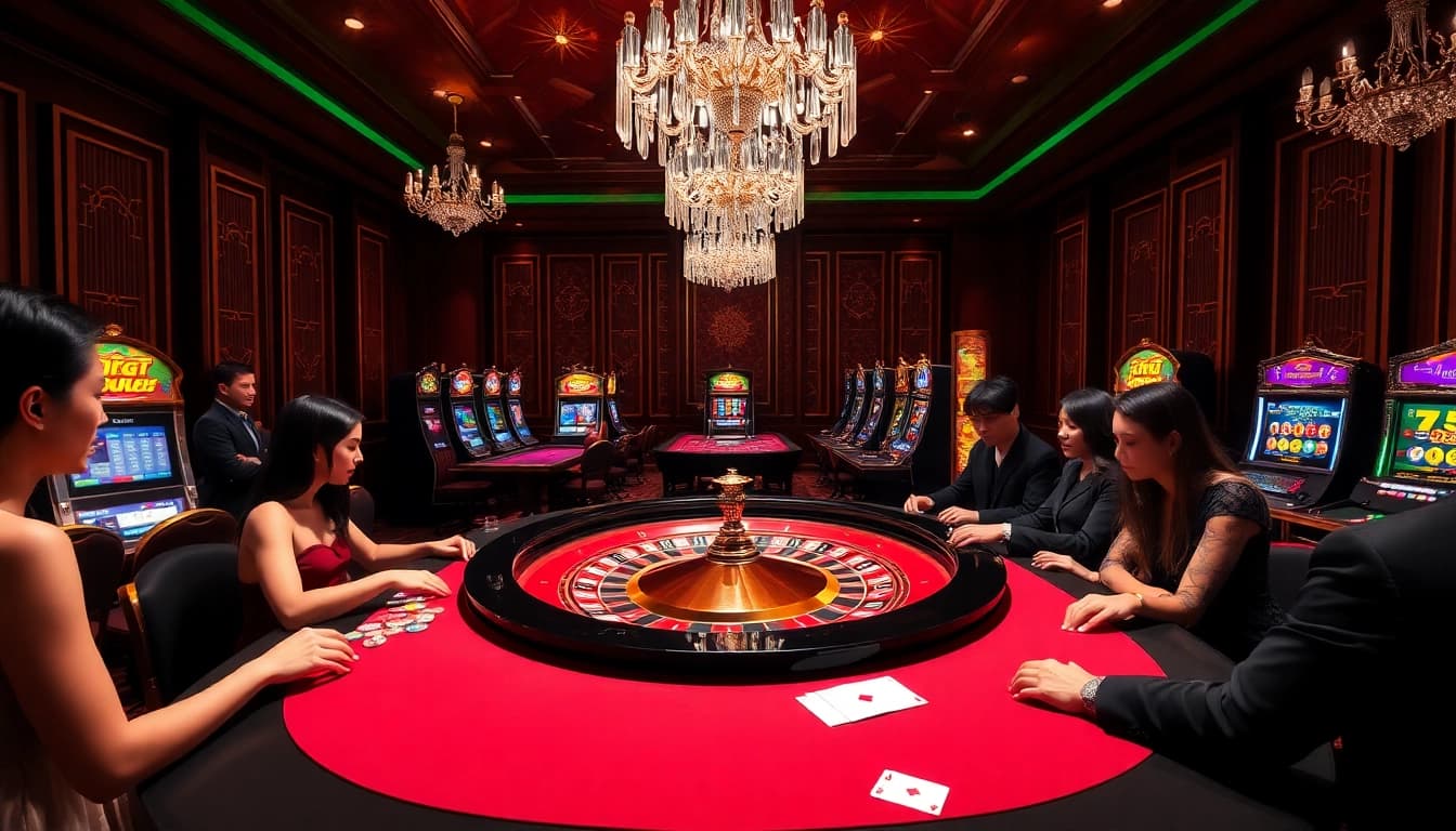 Cổng Game XIN88 players enjoying a thrilling roulette game in a vibrant casino atmosphere
