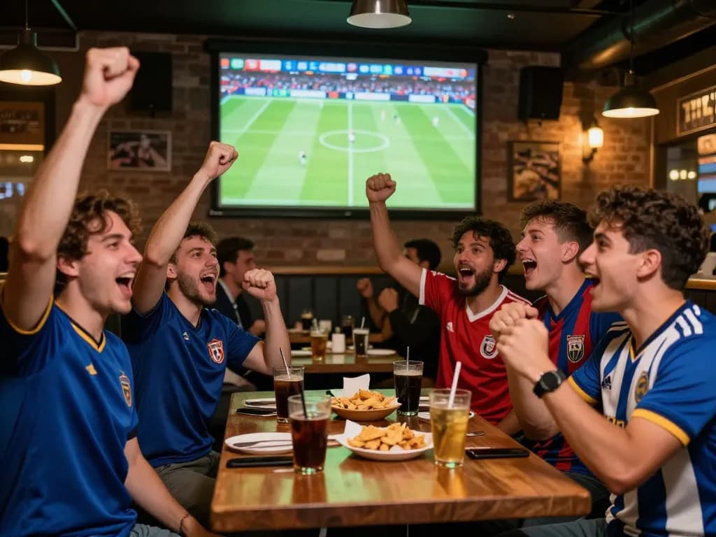 Engaged fans enjoying 1gom sports betting in a lively pub atmosphere.