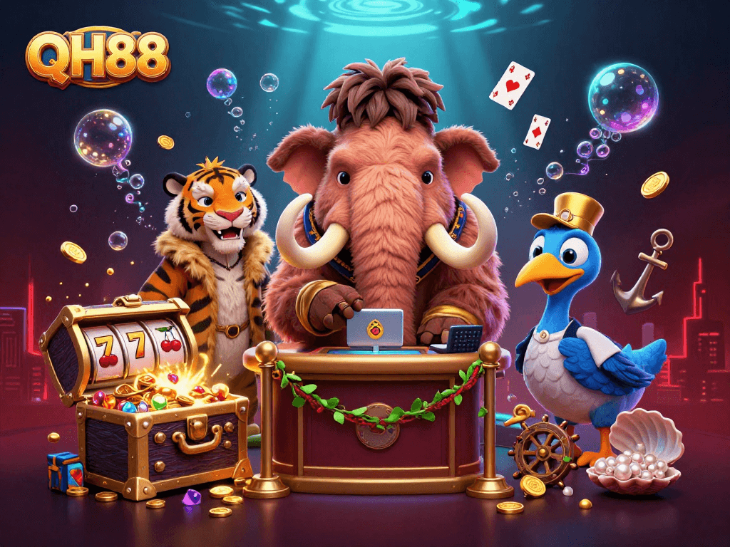 Experience QH88 with mammoth bouncer, saber-tooth VIP, and dodo doorman in vibrant casino scene