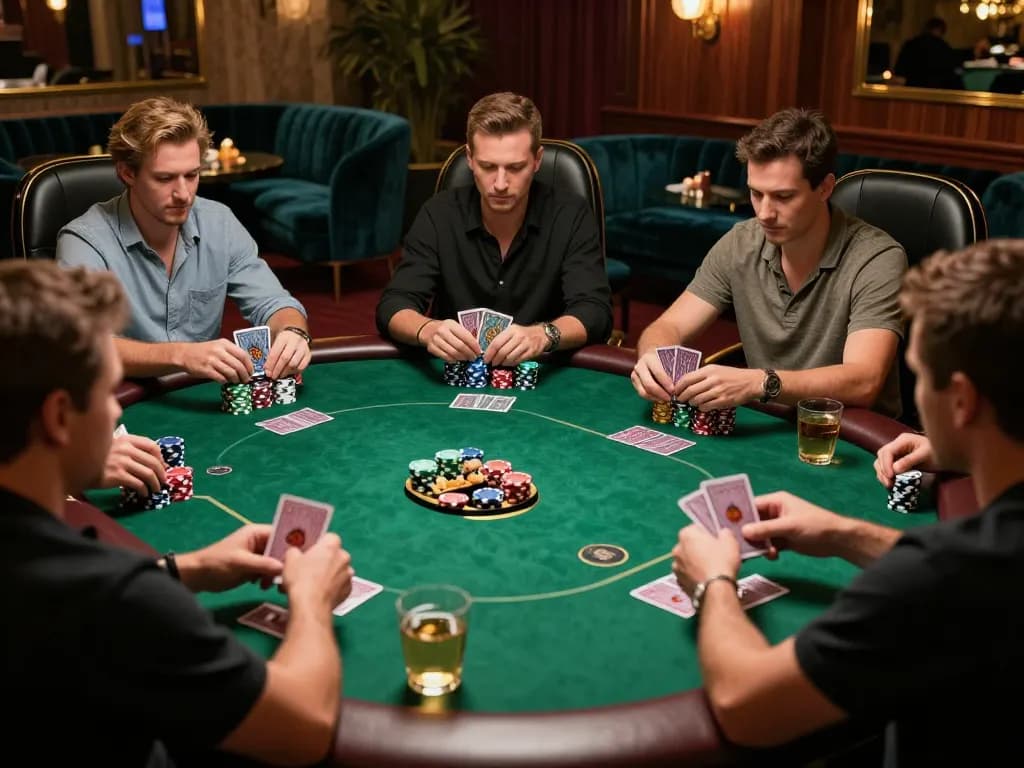 Players strategizing at a high-stakes poker table featuring DA88 cards and chips in a luxurious setting