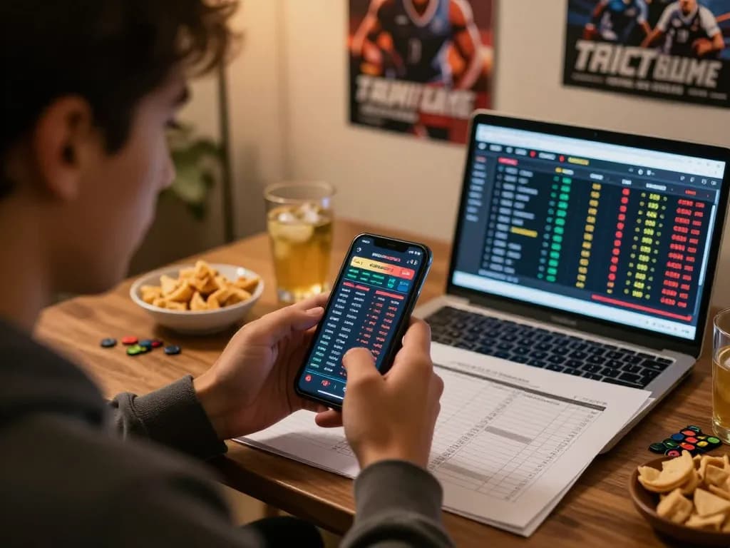 Engaged viewer using fly88mx app for sports betting, showcasing live odds and strategic decision-making.
