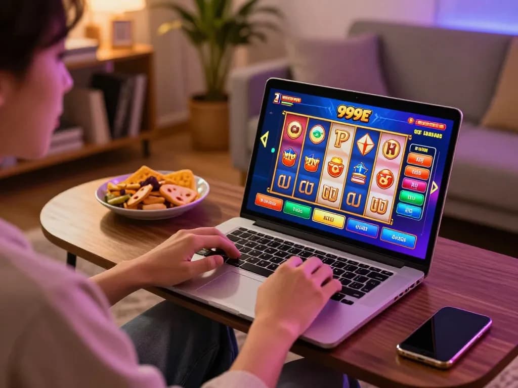 Engaging in 999E online gambling with vibrant game visuals in a cozy home setup.