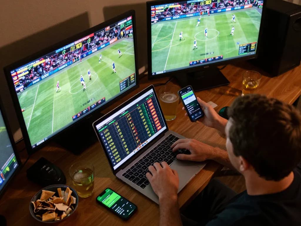 Engaging moment of sports betting on Nowgoal with multiple screens showing live events and betting odds