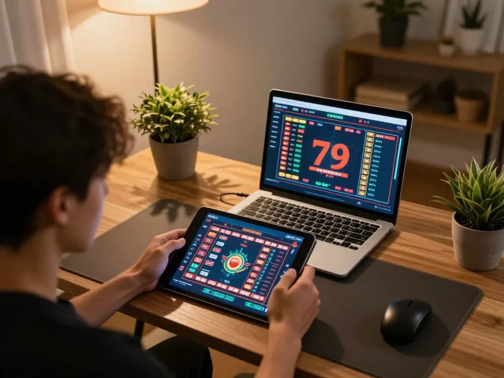 Player engaged with 79 số đỏ online casino game on tablet, showcasing a strategic betting atmosphere.