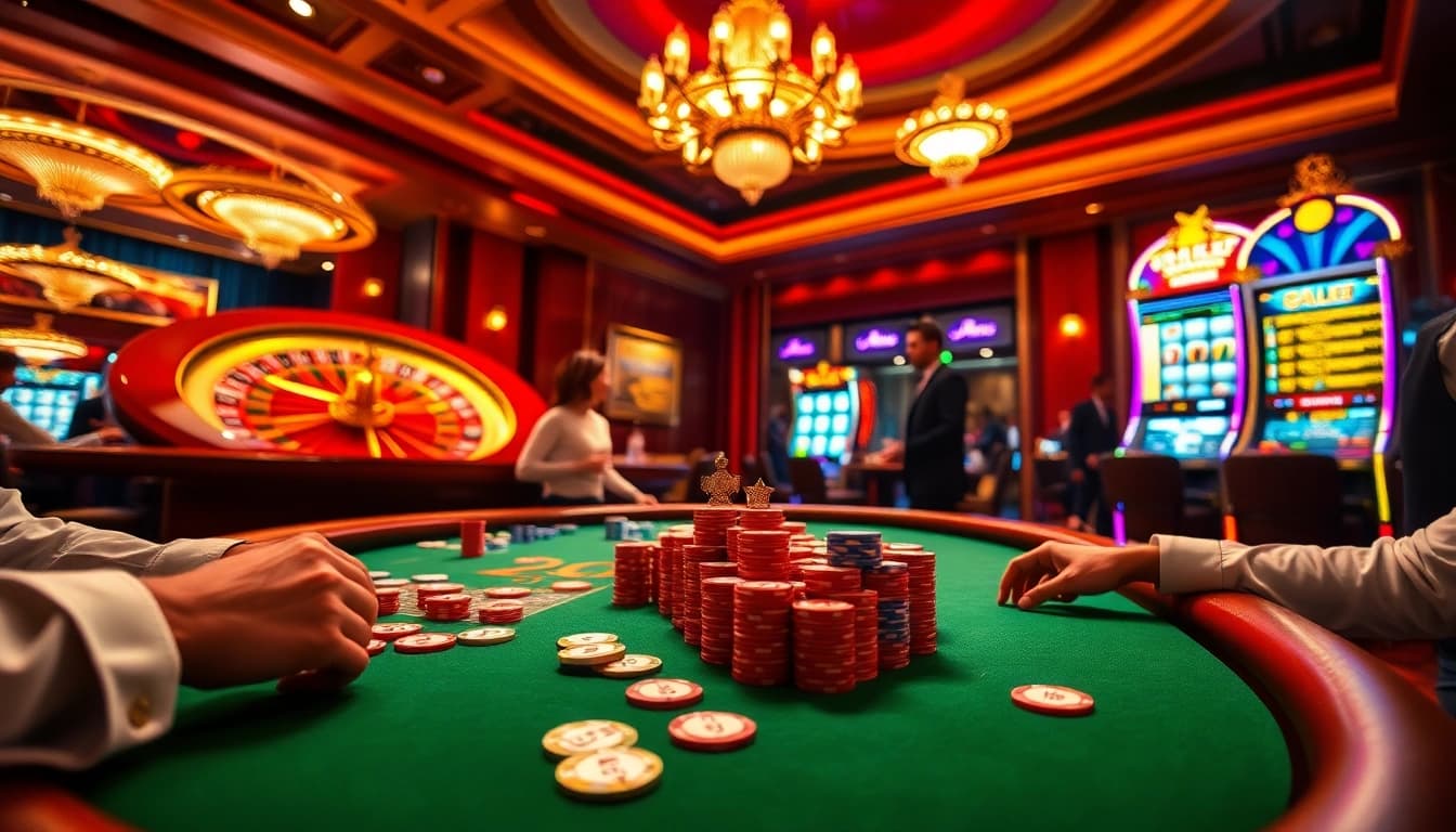 Engaging players at a vibrant poker table, showcasing the excitement of https://kjc365.com/ in a luxurious casino.