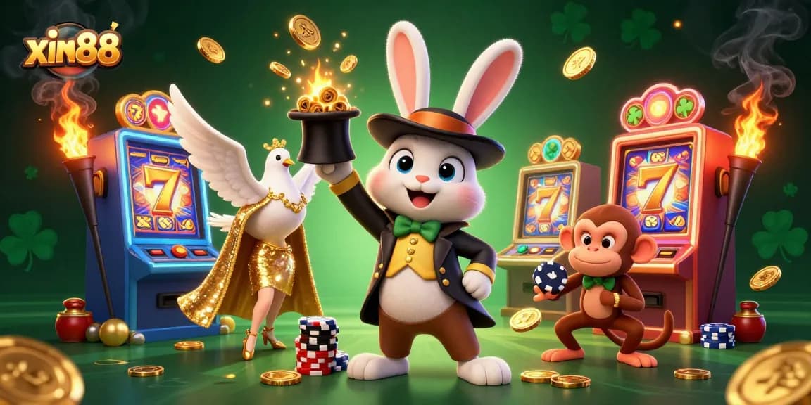 Experience excitement at xin88 with a magical casino scene featuring vibrant slot machines and enchanting characters.