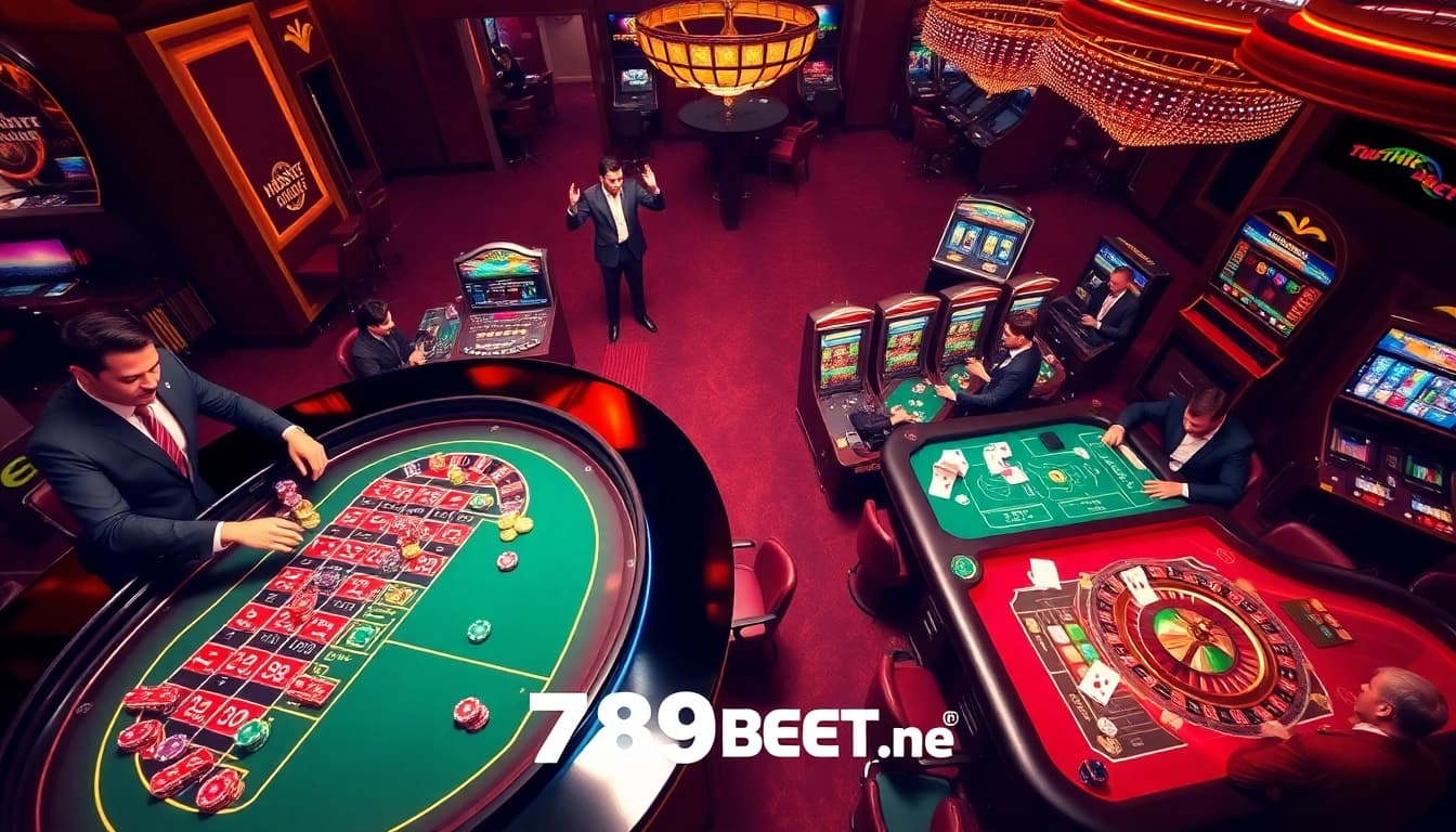Exciting gambling action at a luxurious casino featuring 789 BET elements in a vibrant roulette scene.