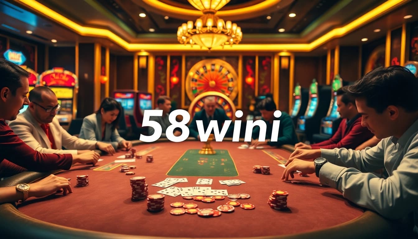 Experience exciting gameplay at 58win1’s premier poker table with vibrant casino elements enriching the atmosphere.