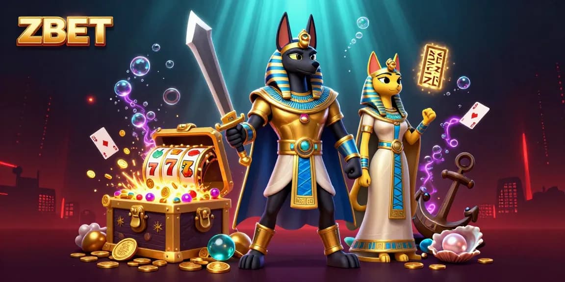 ZBET showcases a lively Egyptian warrior scene with slot reels, treasures, and dynamic game elements.