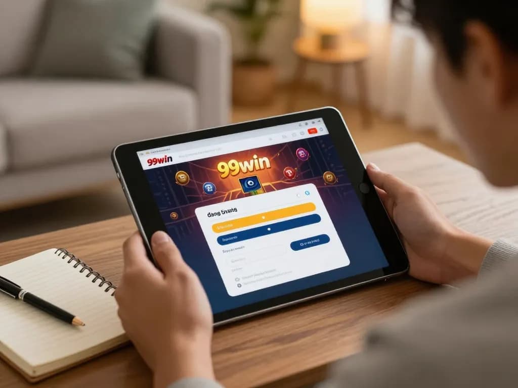 Engaging in 99win đăng nhập on a tablet in a cozy home setting, reflecting responsible gambling.