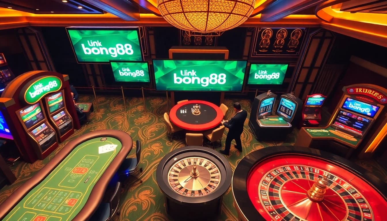 Engaging gambling scene featuring link bong88, showcasing vibrant slot machines and players at poker tables.